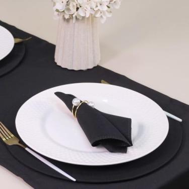 Imagem de Kit Mesa Posta 2 Lugares, 7 Peças, Caminho de Mesa 130x40cm, Sousplat 35cm, Guardanapo e Anel Porta-Guardanapo com Pérola, Preto (Dourado)