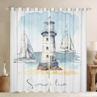 Imagem de Cortinas náuticas, cortinas blackout para farol de veleiro, aquarela, com tema de oceano, 76Lx54L, cortinas de janela de praia, verão, decoração, decoração de quarto, luxo branco azul claro