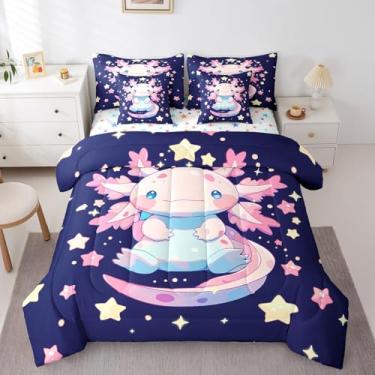 Imagem de Erosebridal Jogo de cama solteiro com axolote rosa, 7 peças, azul marinho, edredom e lençol 3D Kawaii Sealife para decoração de quarto de adolescentes, estrelas com glitter colorido