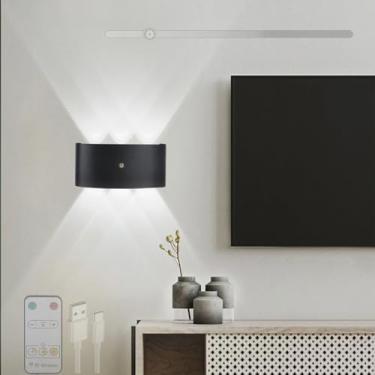 Imagem de Lâmpada de parede LED operada por bateria, recarregável por USB, luzes de parede sem fio com controle remoto, arandelas de parede de alumínio reguláveis magnéticas para sala de estar quarto corredor