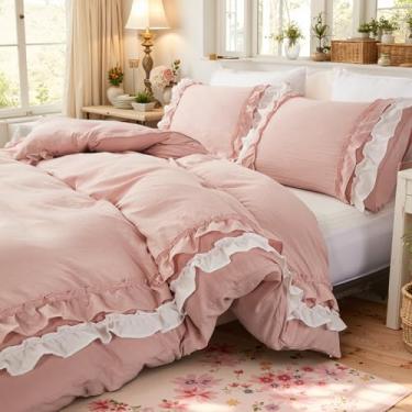 Imagem de Bedorm Conjunto de cama queen com babados rosa, branco e rosa, com franja, romântico, decoração de quarto, chique, casa de fazenda, campo, conjunto de edredom
