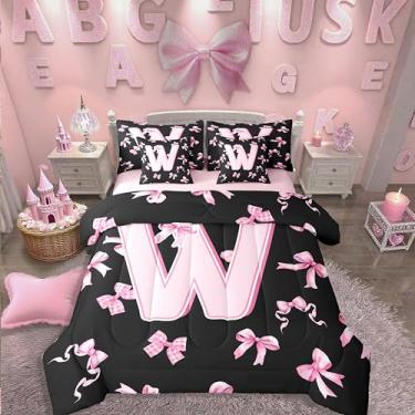 Imagem de Conjunto de cama casal de 7 peças com laço rosa e laço rosa em uma bolsa, lindo conjunto de edredom com laço inicial e lençol com enchimento de edredom feminino com laço