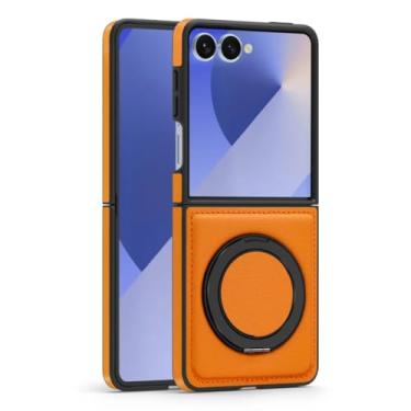 Imagem de Capa para Galaxy Z Flip6 com suporte de anel magnético de couro e carregamento sem fio (para Galaxy Z Flip6/Laranja)