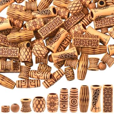 Imagem de SUNNYCLUE 100 peças, 10 estilos, contas de cabelo de acrílico sortidas, imitação de madeira, dreadlock, redondo, retangular, coluna, oval, grande orifício, espaçadores soltos para fazer joias