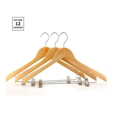 Imagem de Kit 12X Cabides De Madeira Com Presilha Verniz Marfim Roupa