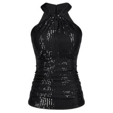 Imagem de Camiseta regata feminina de lantejoulas GRACE KARIN, sem mangas, preta