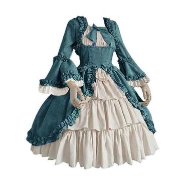 Imagem de Moda Feminina Vintage Gothic Court Square Collar Patchwork Bow Vestido