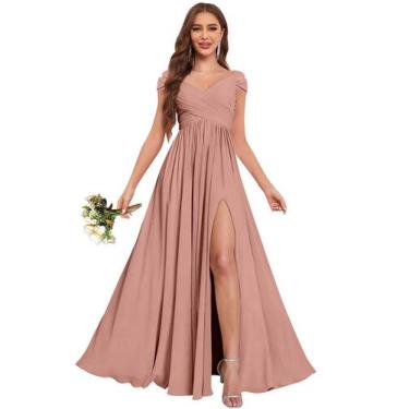 Imagem de Vestido de dama de honra Fu Jiang Off Shoulder Dusty Rose Chiffon