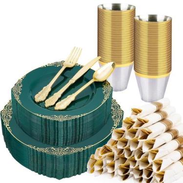 Imagem de Conjunto de louças de plástico Realluck 350 unidades verde/dourado par