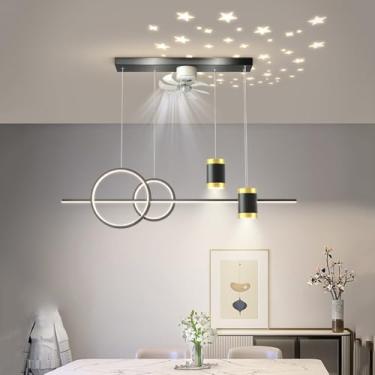 Imagem de Lustre de teto moderno LED Linear Preto Dourado Ventilador de teto Luz regulável Luminária pendente de teto de meados do século com projeção de estrelas Lustre longo para sala de jantar Cozi