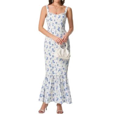 Imagem de Vestido maxi HTZMO feminino floral de verão com gola quadrada azul XS