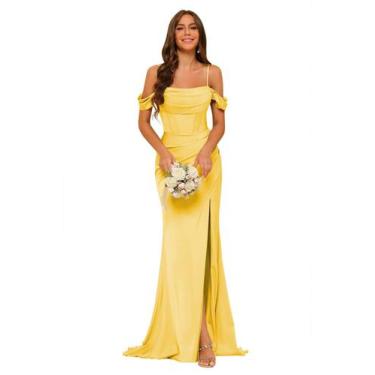 Imagem de Vestido de dama de honra Clothfun Satin Off Shoulder Amarelo Tamanho 6