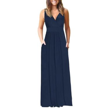 Imagem de Vestido maxi feminino AUSELILY com decote em V profundo, solto, azul l