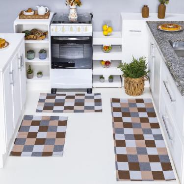 Imagem de Kit Passadeira Tapete Cozinha 3 Peças Jacquard Base Antiderrapante - Tabuleiro Avelã