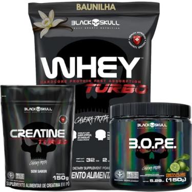 Imagem de Whey Protein + Creatina Monohidratada + Pré-Treino - Kit Protein Concentrado + Creatina Monohidratada Turbo 150g + Pré-Treino B.O.P.E 150g - Black Skull (Whey Turbo Baunilha - B.O.P.E Limão)