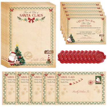 Imagem de Whaline 48 cartas oficiais de Natal e certificado do Papai Noel, incluindo 12 cartas de escrita vintage vermelho-verde, 12 certificados, 12 envelopes e 12 adesivos para lembrancinhas de festa de Natal
