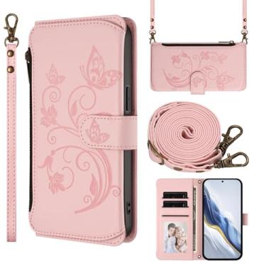 Imagem de Capa carteira para Google Pixel 10 com suporte para cartão, bolso com zíper e alça longa - capa fólio de couro com fecho magnético, suporte, capa feminina anti-impressão digital (rosa)