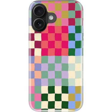 Imagem de STARVIP Capa fofa para iPhone 16 – Compatível com carregamento sem fio – Capa rígida de camada dupla + capa de silicone – Capa protetora estética moderna para mulheres – Tabuleiro xadrez patchwork