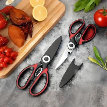 Imagem de 2 tesouras de aço inoxidável resistentes: ideal para cortar carne, peixe e outros itens, lava-louças - segura (preto + vermelho)