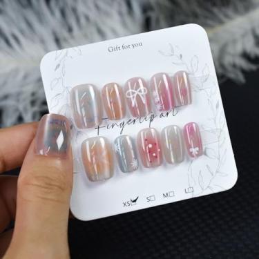 Imagem de Shimmery Pre-design Mutlicolor Press on Nails Medium Short Squoval Fake Nails Full Cover Bow Dots Cat Eye False Unhas Kits de Manicure