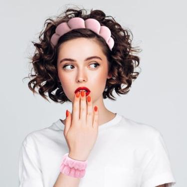 Imagem de Conjunto de pulseiras de spa para lavar o rosto, esponja, maquiagem, toalhas, faixa de cabelo macia (rosa, 3 peças)