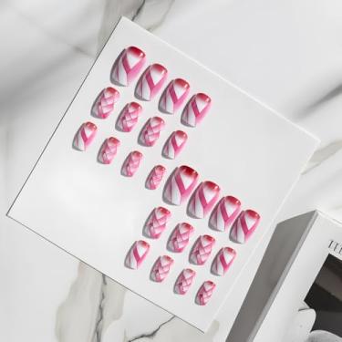 Imagem de 24 peças de unhas quadradas com padrão médio de vidro quebrado para mulheres com unhas brilhantes de cobertura total e cola para manicure