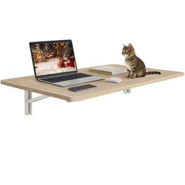 Imagem de Mesa dobrável de madeira natural montada na parede 80 x 50 cm, mesa dobrável de parede de madeira, mesa flutuante para cozinha, lavanderia ou escritório em casa
