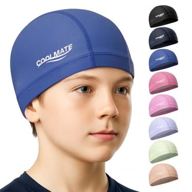 Imagem de COOLMATE Touca de natação de tecido para crianças de 6 a 14 anos, camada impermeável de silicone, touca de natação de tecido para meninos, meninas, leve e confortável, perfeita para piscina, praia