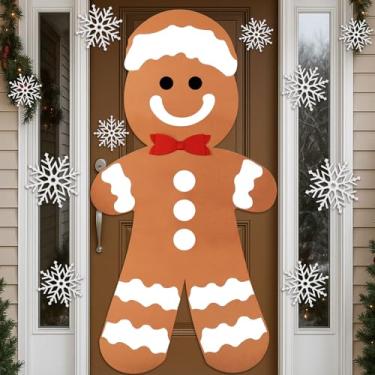 Imagem de Hahafelt 187 x 89 cm Grande Pão de Gengibre Decorações de Porta de Natal Feltro Gingerbread Man Floco de Neve Kit de Capa de Porta Grande Decalques de Parede de Natal Decoração Pendurada para