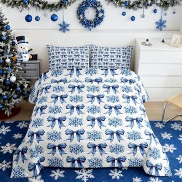 Imagem de Manfei Conjunto de edredom casal com laço azul, floco de neve de inverno, romântico, Natal, 3 peças, para adolescentes, estilo princesa, laço, patchwork, presentes de Natal, 2 fronhas