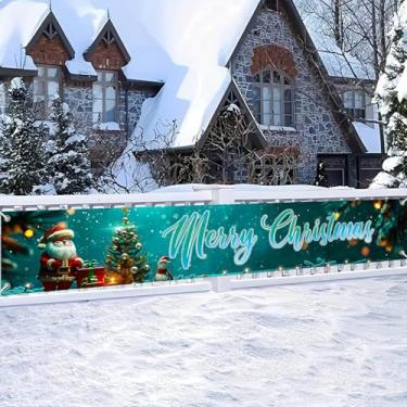 Imagem de HOMETITUTE Faixa de Feliz Natal Azul Luz Brilhante Árvore Papai Noel Boneco de Neve Design de Presente 299.7x50.8 cm Banner Pendurado de Natal Grande Cerca Exterior Varanda Decoração de Parede Cenário