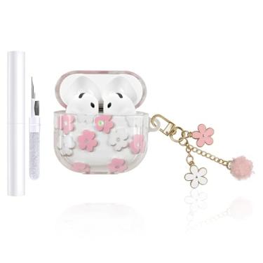 Imagem de AZGYIAI Capa compatível com Apple AirPods 4ª geração (2024), TPU macio com estampa floral fofa para AirPods 4, capa com chaveiro de flores e kit de limpeza para meninas e mulheres (rosa)
