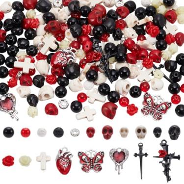 Imagem de SUNNYCLUE 263 peças, contas de caveira, contas de esqueleto, pingentes de cruz de pedra vulcânica natural, preto, vermelho, branco, Halloween, gótico, rosa, flor, espaçadores para fazer joias