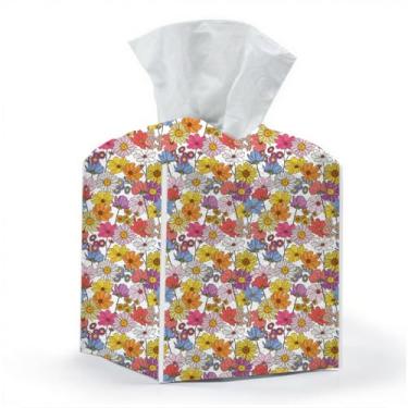 Imagem de Capa de caixa de lenços, suporte de caixa de lenços, quadrado com fundo de cinto, organizador decorativo de couro PU para mesa, bancada, banheiro, carro, escritório, cômoda, decoração de flores