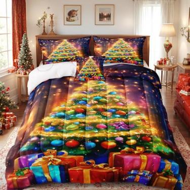 Imagem de Bedding_Dreamer Edredom de árvore de Natal colorido para cama de floco de neve, decoração de casa, 4 peças, tamanho Queen com 1 capa de almofada