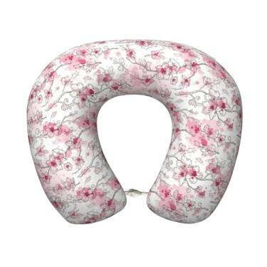 Imagem de OEDTF Almofada de viagem, almofada de pescoço em forma de U de espuma viscoelástica macia e confortável alivia a fadiga, portátil para avião, trem, vagão, Aquarela de flores de amendoeira, 11.8"×9.8"