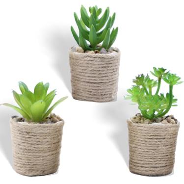 Imagem de Beciway Pacote com 3 mini plantas suculentas artificiais – Vegetação sintética em vasos de juta de tecido vintage, pequenas plantas decorativas para casa, mesa de escritório, prateleira, casa de