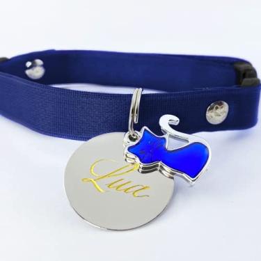 Imagem de Coleira Elástico com Plaqueta Identificação Personalizado Nome e Telefone Para Gatos COR DAS COLEIRAS: AZUL