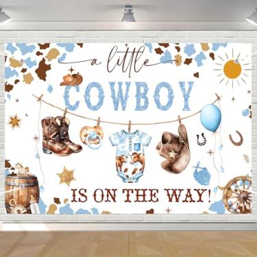 Imagem de A Little Cowboy is on The Way Banner Cowboy Baby Shower Banner Decorações de chá de bebê Suprimentos de decoração de rodeio ocidental azul suprimentos de festa 1 × 3 pés