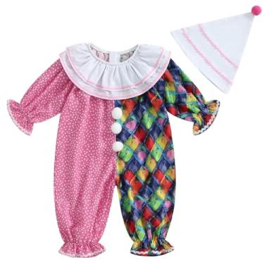 Imagem de Pudcoco Toddler Baby Boys Girls Halloween Clown Costume Long Sleeve Contrast Color Ruffle Layered Jumpsuit Romper with Hat (Pink, 3-4T)