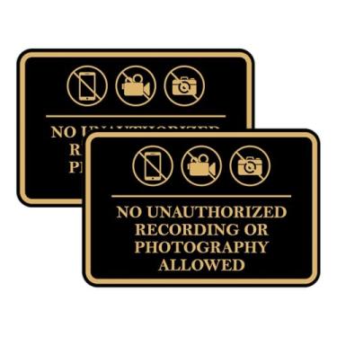 Imagem de Moldura clássica sem gravação não autorizada ou fotografia permitida sinal de porta ou parede Material durável | Fácil instalação (preto/dourado) - Pequeno (pacote com 2)