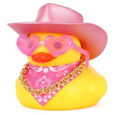 Imagem de BOZILY Patos de borracha rosa com chapéu de caubói, colar, óculos de sol de coração, cachecol, decoração engraçada de painel de carro, acessórios DIY para carro, mesa, decoração de casa