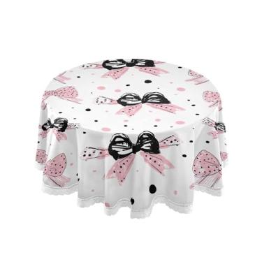 Imagem de SEHANY Toalha de mesa redonda com laço rosa de 152 cm, tecido lavável sem rugas, toalha de mesa decorativa de renda para restaurante, casamento, acampamento, festa de cinco de maio