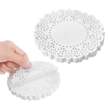 Imagem de XLIUAX Pacote com 280 toalhas de papel de renda branca, toalhas de papel redondas de 11 cm, jogo americano descartável para casamento, aniversário, bolos, sobremesas, utensílios de mesa, decoração de