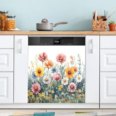 Imagem de ATTX Aquarela flores silvestres capa ímã máquina de lavar louça, 58 cm C x 66 cm A decoração da capa frontal da máquina de lavar louça, decalques de armário doméstico eletrodomésticos adesivos #40