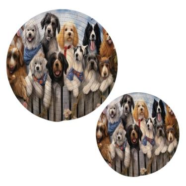 Imagem de Blueangle 2 peças de suporte de panela de trivet para cães engraçados na cerca - conjunto de pegadores de panela de tecido redondo - almofadas quentes trançadas de algodão - porta-copos - tapetes de