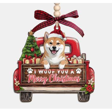 Imagem de Enfeite de madeira I Woof You A Merry Christmas - Caminhão de Natal com Shiba Inu Dog 3 camadas de madeira enfeite de lembrança presentes para mulheres e homens amantes de animais de estimação e