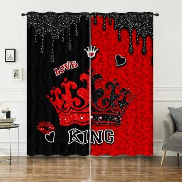 Imagem de AILONEN K & Q Coroa Cortina de janela para casal, vermelho e preto, 106,7 cm L x 160 cm A (2 painéis) para decoração de quarto