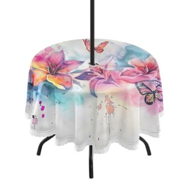 Imagem de CEBUGI Toalha de mesa redonda para uso externo, borboleta, impermeável, com furo Umberlla, capa de mesa lavável para pátio, cozinha, sala de jantar, 152 cm