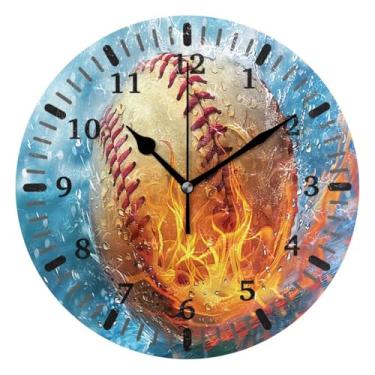 Imagem de CEBUGI 1 Fire Baseball 1 relógio de parede operado por bateria relógios redondos silenciosos sem tique-taque para cozinha, banheiro, quarto, escritório, decoração 25,4 cm